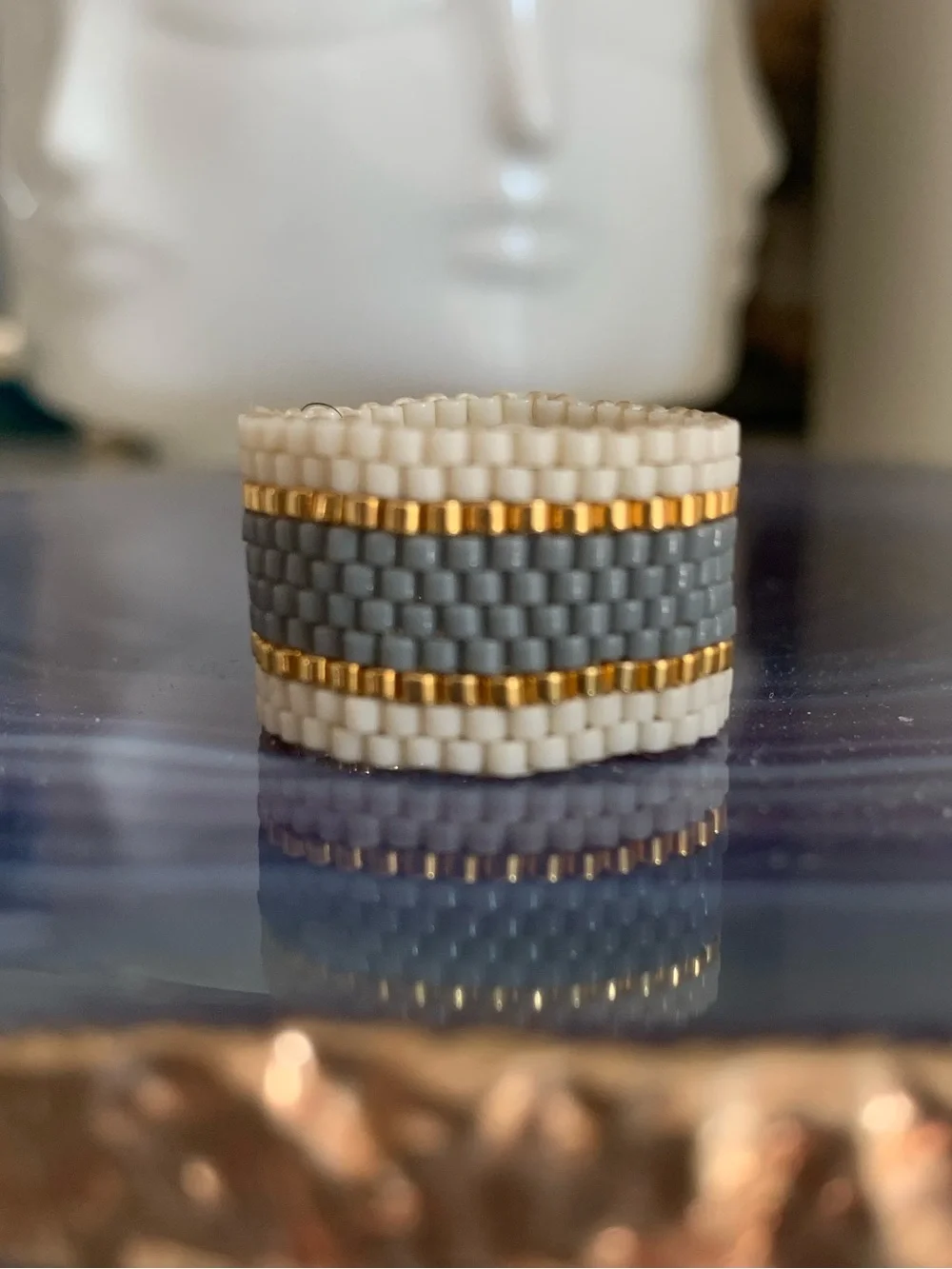 Maasai Beaded Ring Wide – Cream Grey & Gold Handmade woven mesh ring NEW